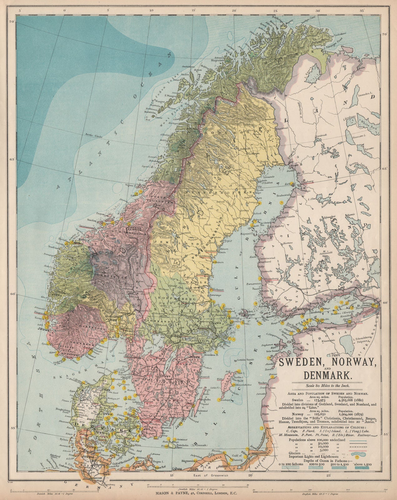 SCANDINAVIA Sweden Norway Denmark Baltic. Lighthouses. Glaciers. LETTS 1889 map